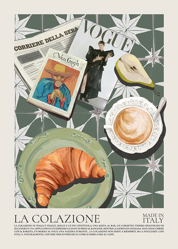 Keukenkunst met croissant en tijdschrift