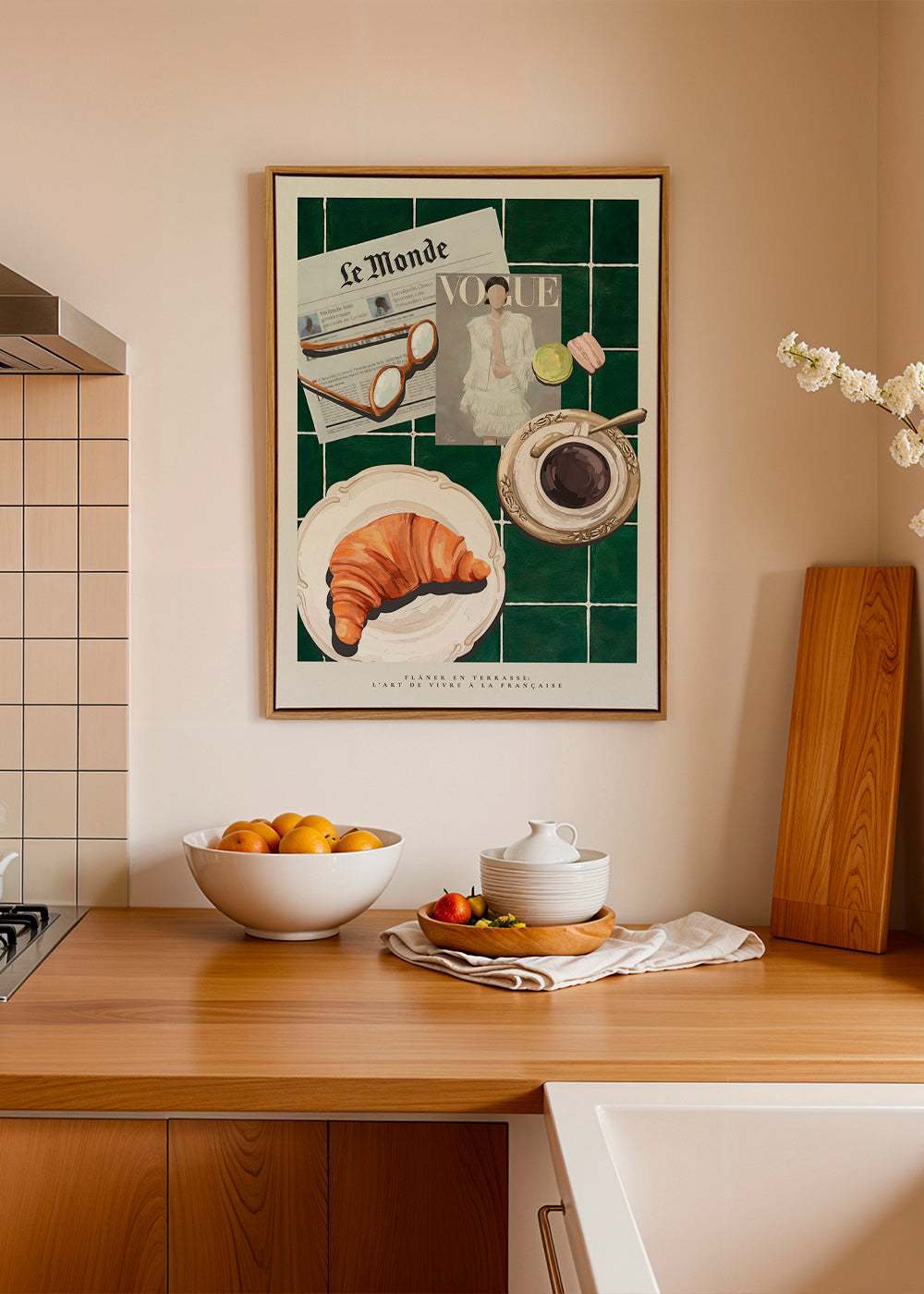 Keuken kunst met croissant en koffie