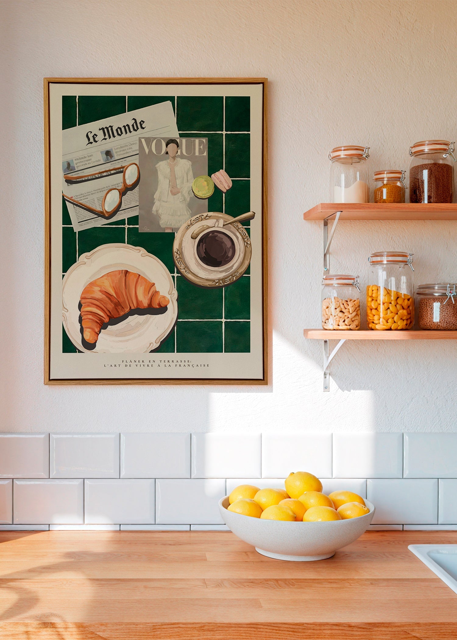 Keuken kunst met croissant en koffie