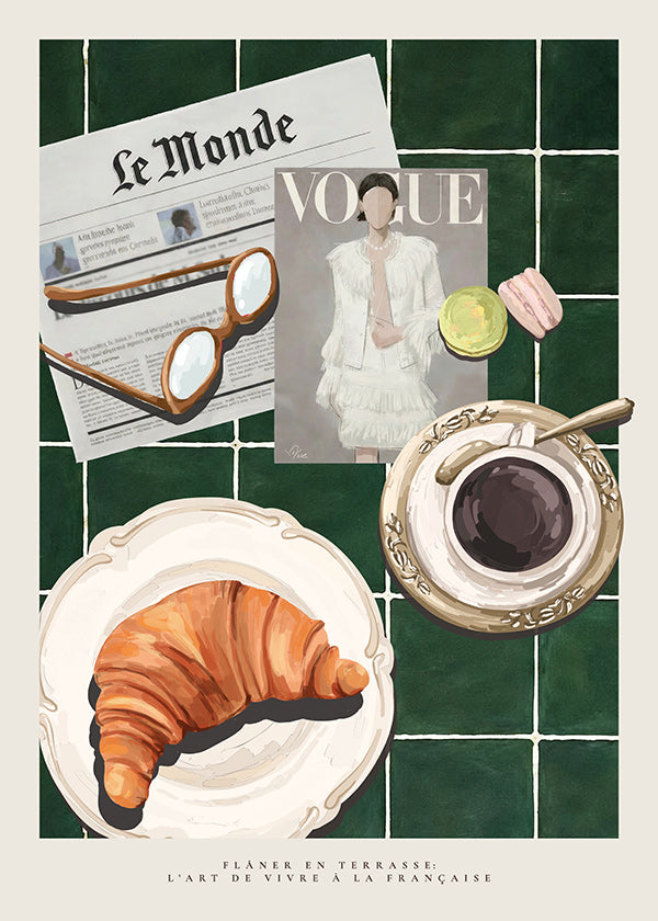 Keuken kunst met croissant en koffie