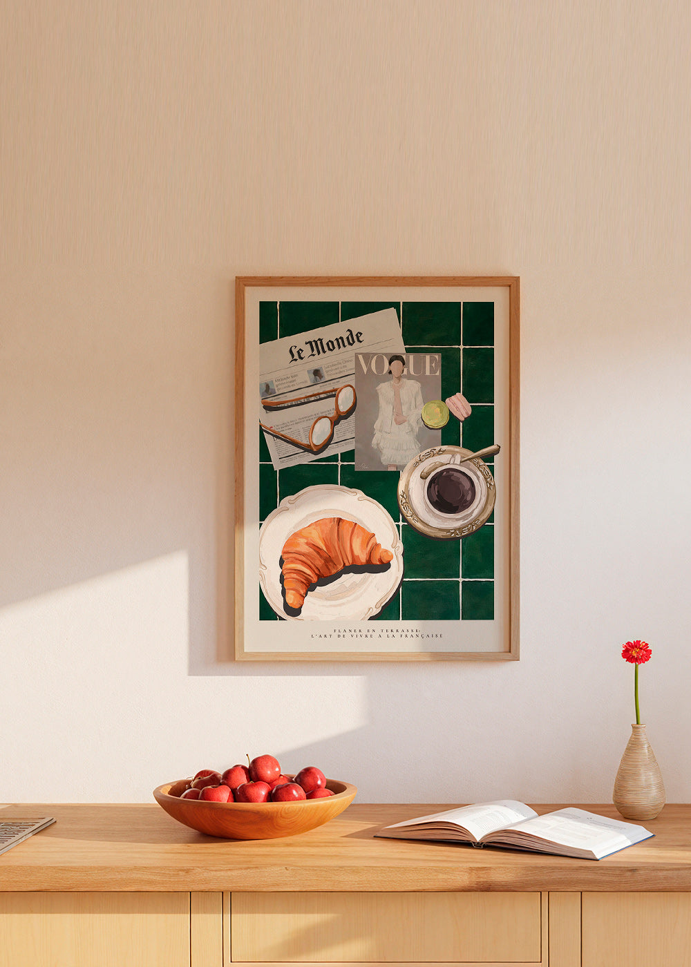 Keuken kunst met croissant en koffie