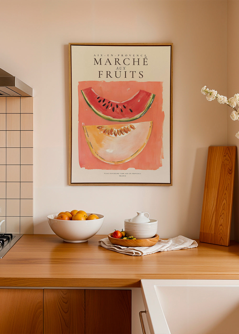 Keuken kunst Provençaalse fruitposter met meloen en watermeloen