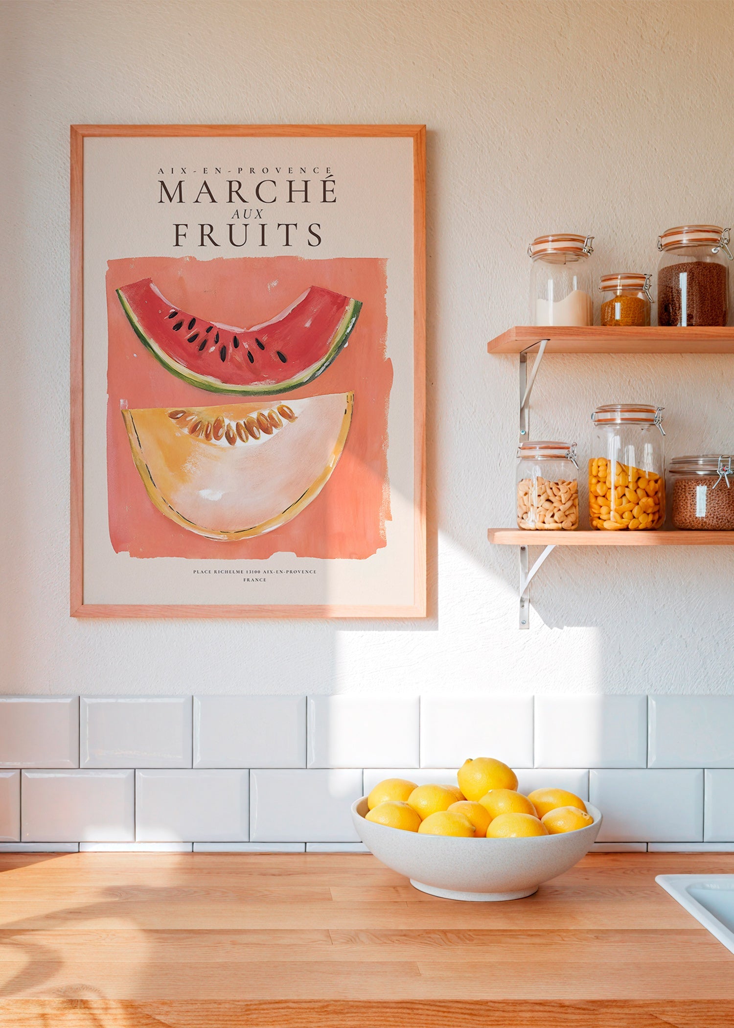 Keuken kunst Provençaalse fruitposter met meloen en watermeloen