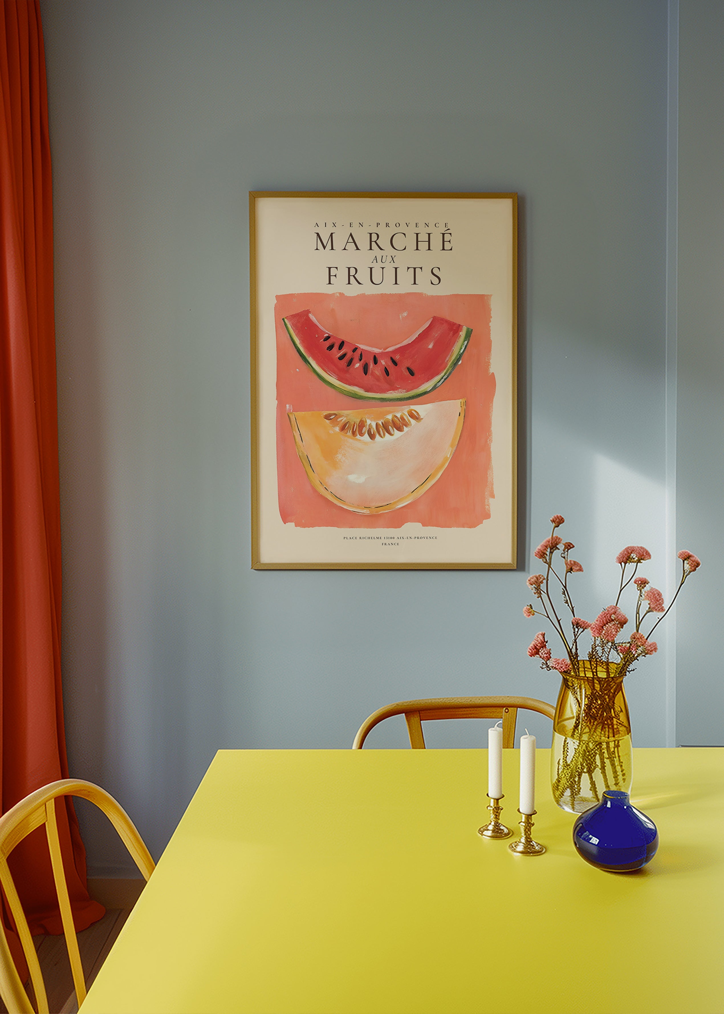 Keuken kunst Provençaalse fruitposter met meloen en watermeloen