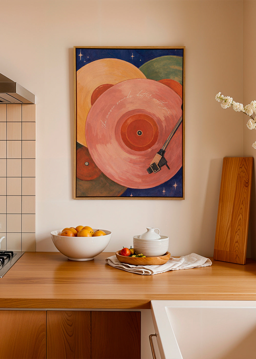 Roze vinylillustratie met draaitafelarm