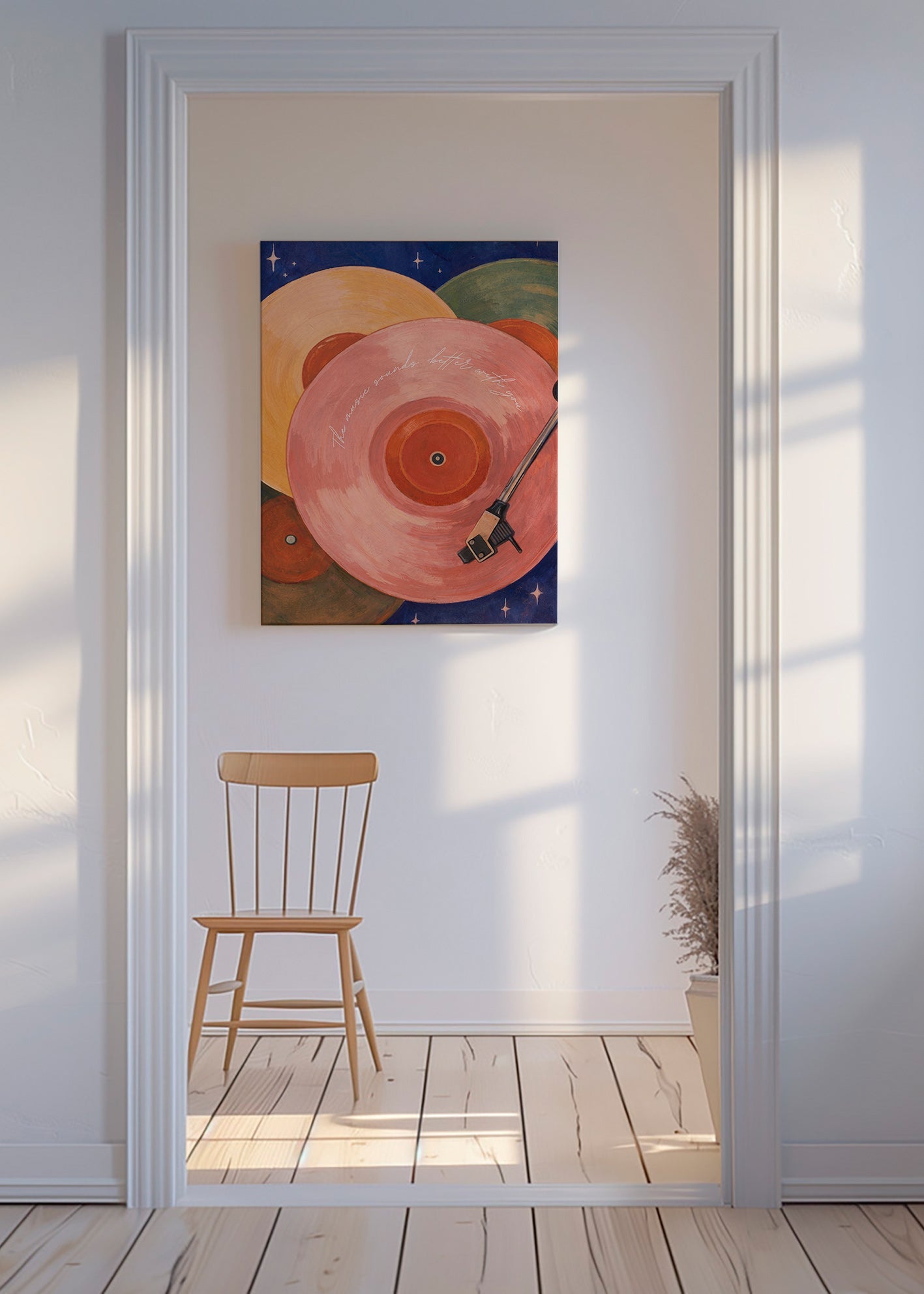Roze vinylillustratie met draaitafelarm