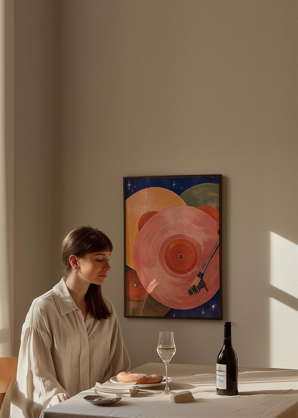 Roze vinylillustratie met draaitafelarm