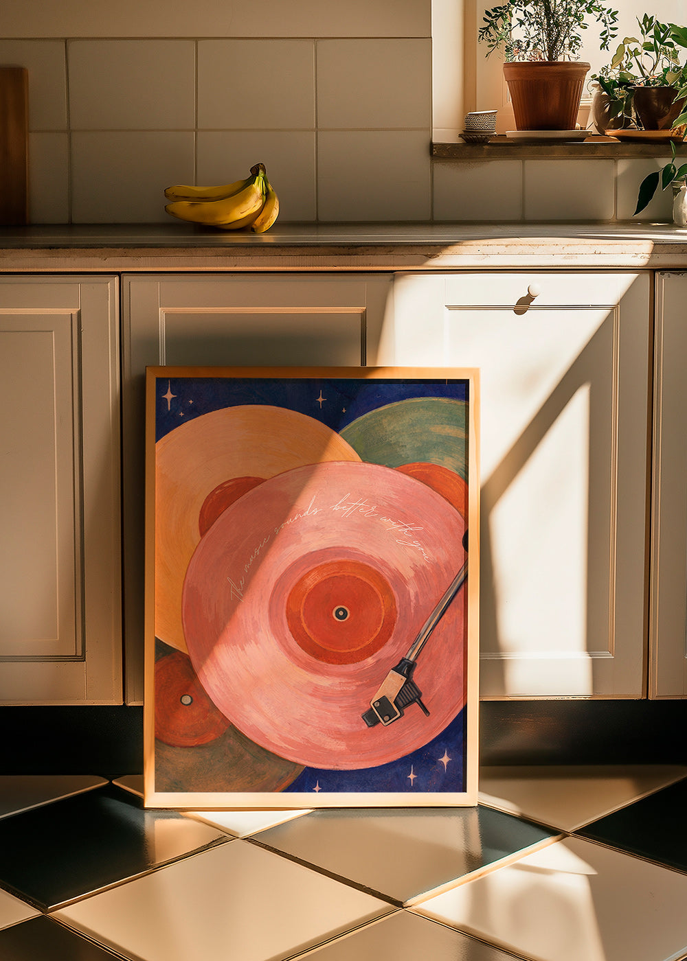 Roze vinylillustratie met draaitafelarm