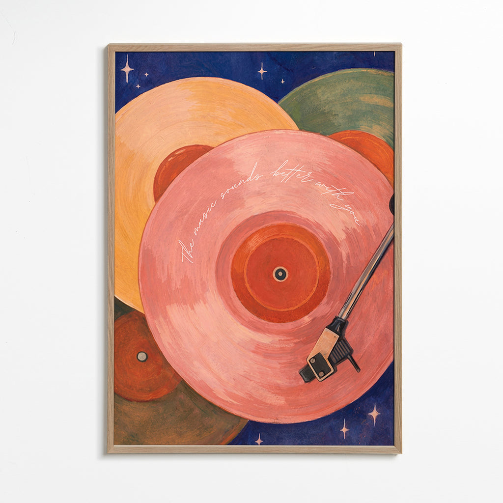 Roze vinylillustratie met draaitafelarm