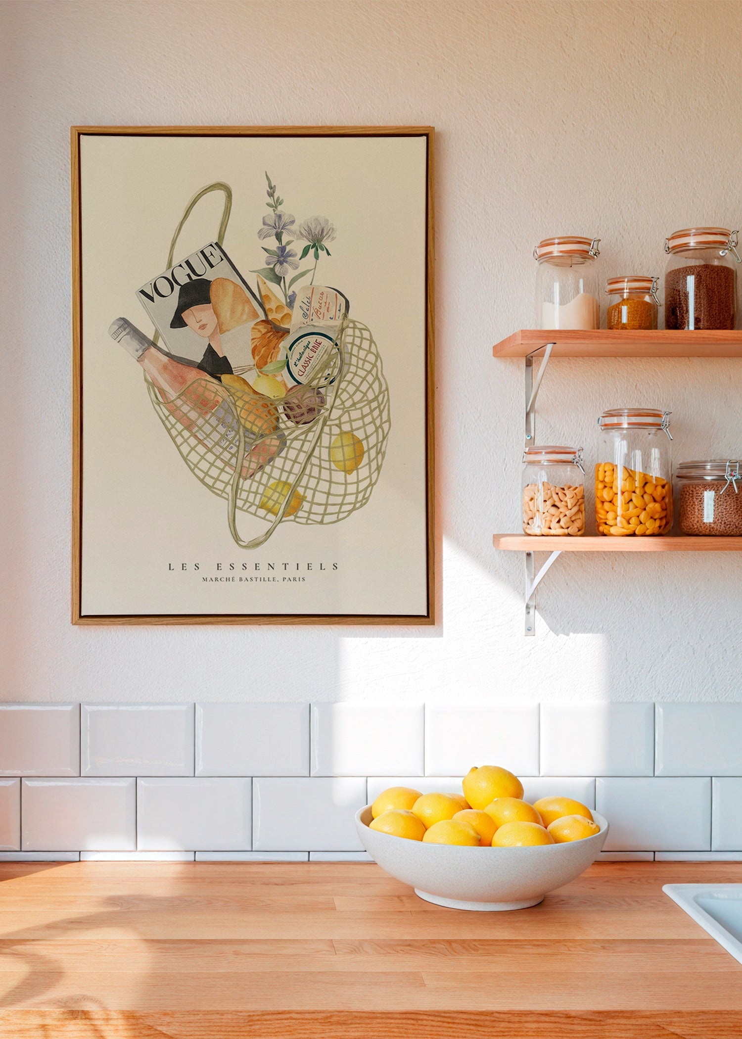 Keuken kunst met geïllustreerde markttas
