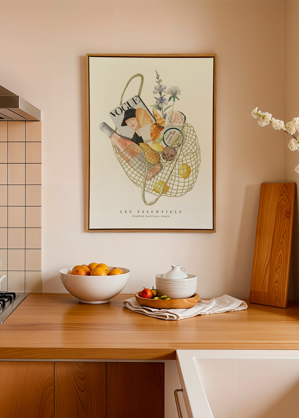 Keuken kunst met geïllustreerde markttas