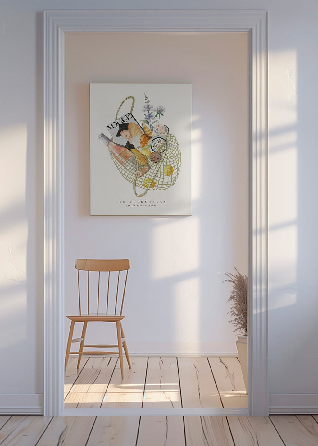 Keuken kunst met geïllustreerde markttas