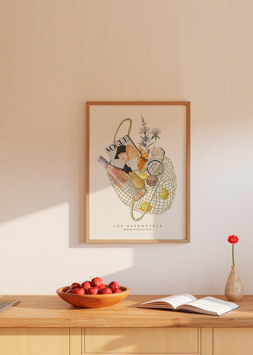 Keuken kunst met geïllustreerde markttas