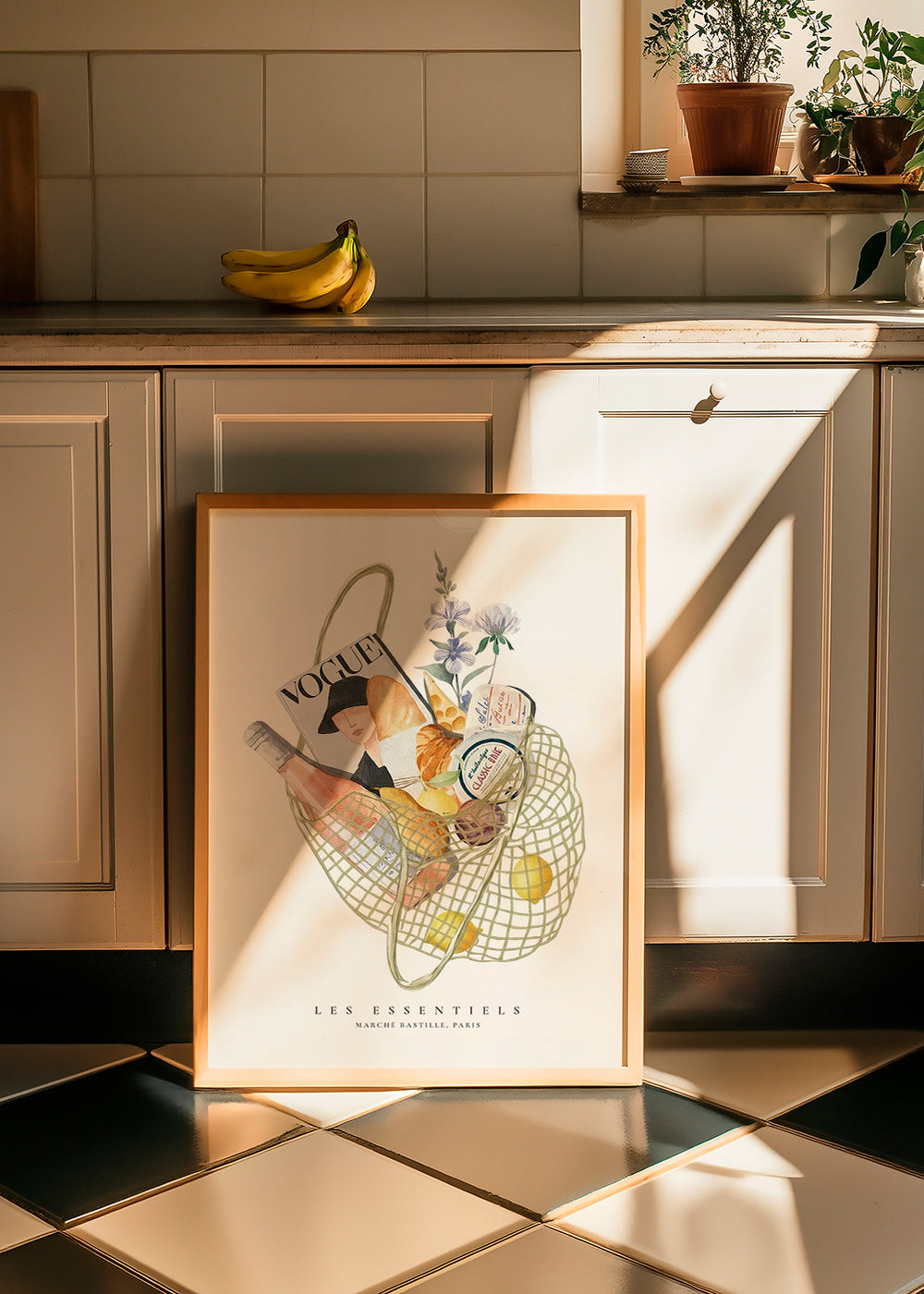 Keuken kunst met geïllustreerde markttas