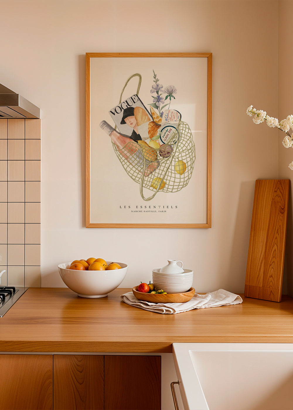 Keuken kunst met geïllustreerde markttas