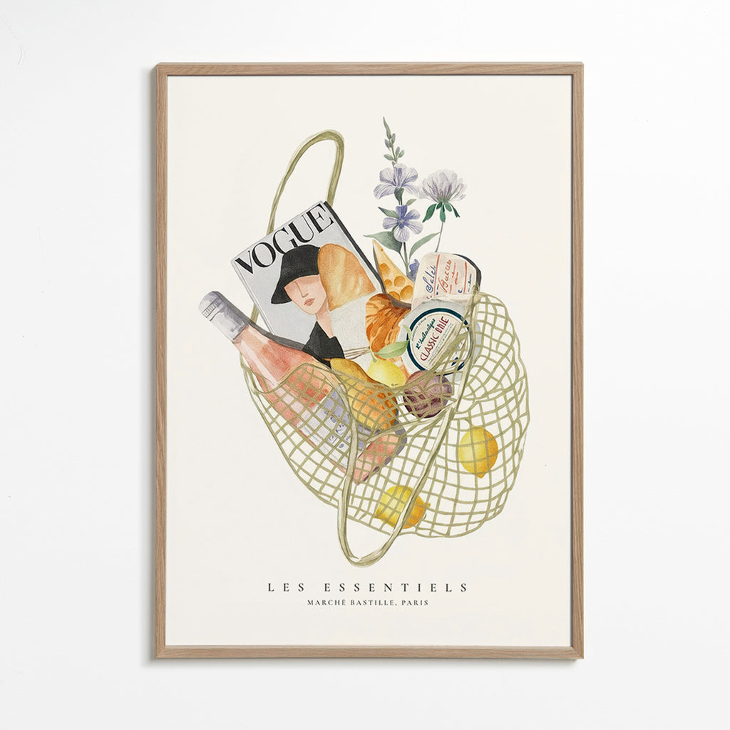 Keuken kunst met geïllustreerde markttas