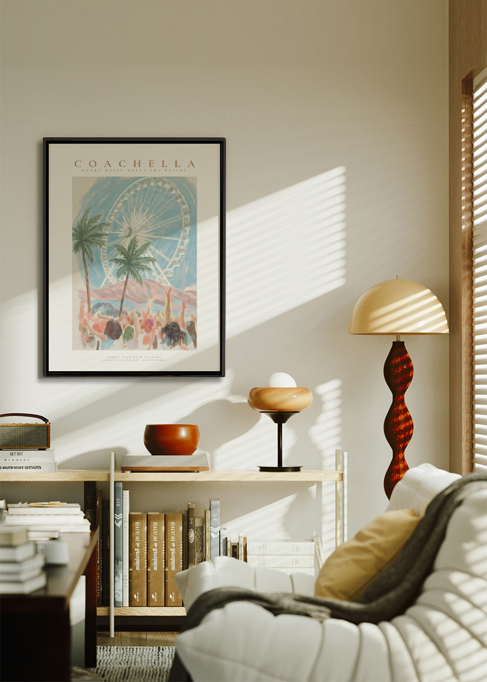 Coachella-illustratie met reuzenrad en palmbomen