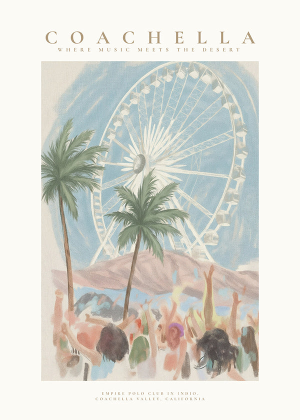 Coachella-illustratie met reuzenrad en palmbomen