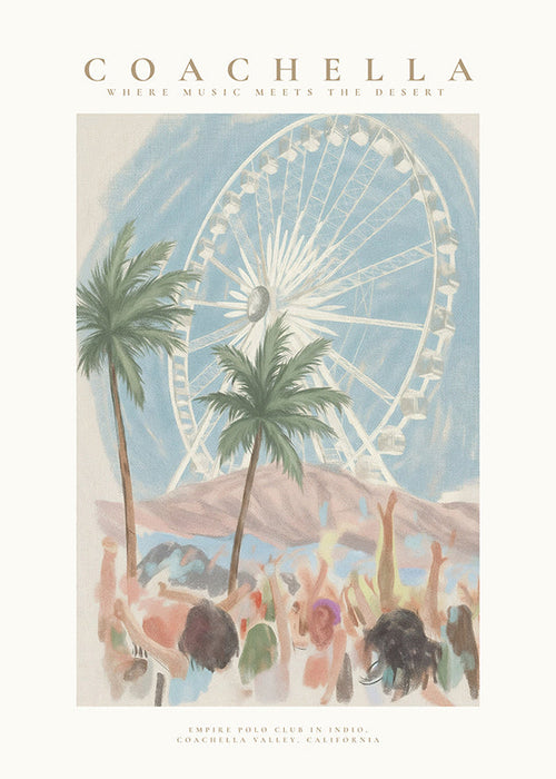 Coachella-illustratie met reuzenrad en palmbomen