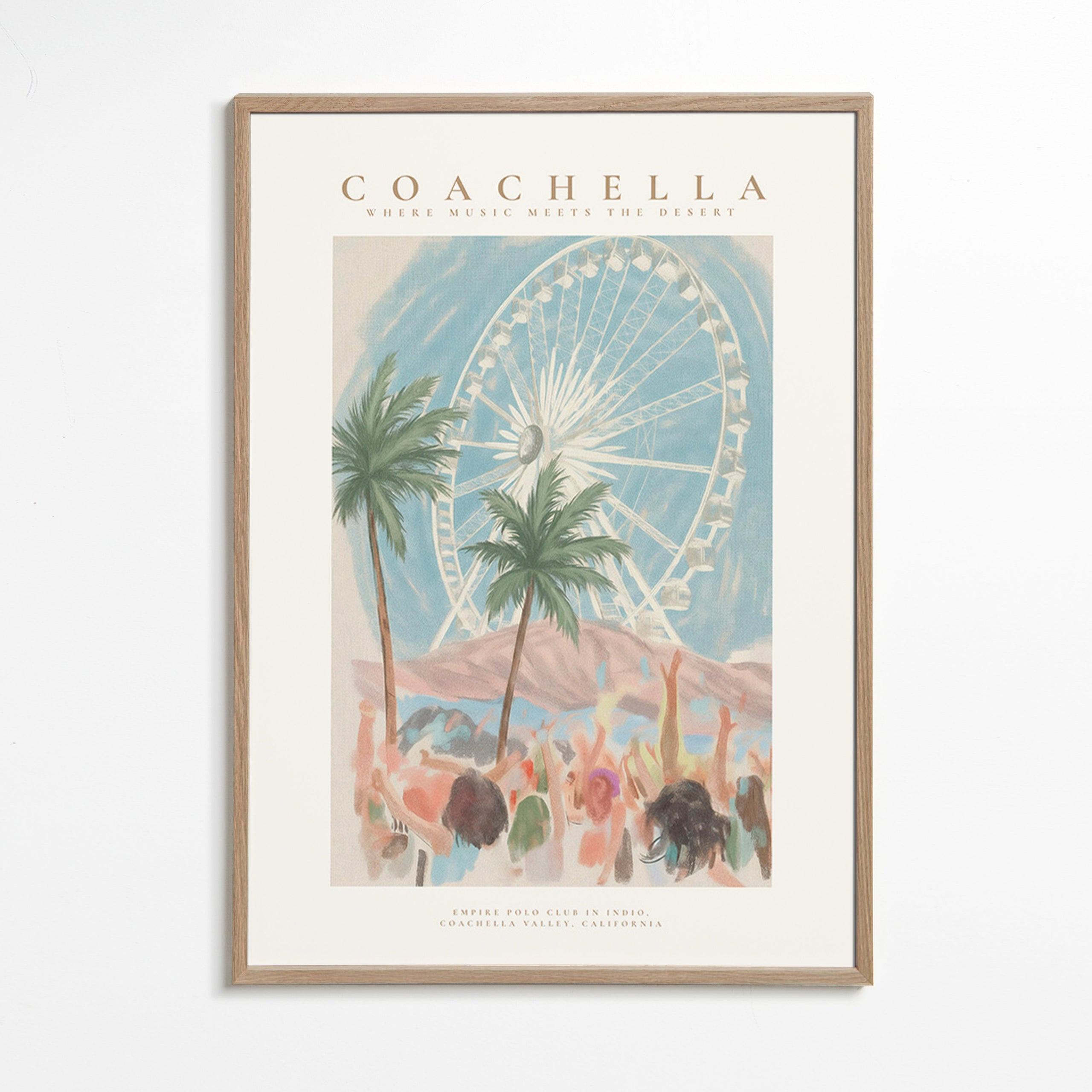 Coachella-illustratie met reuzenrad en palmbomen