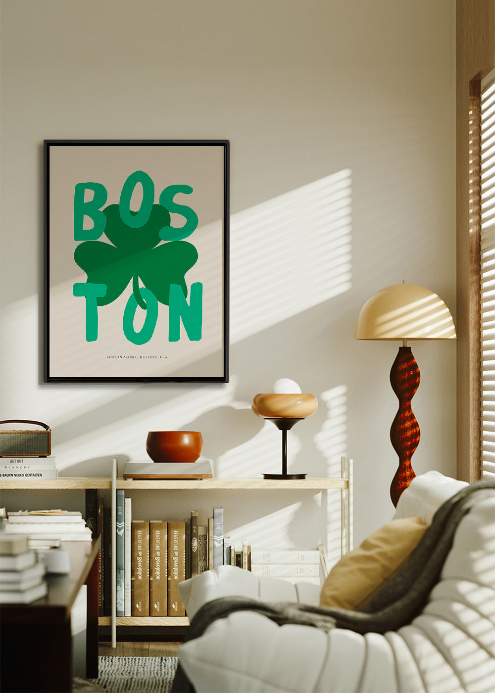 Reisposter Boston met klavergrafiek