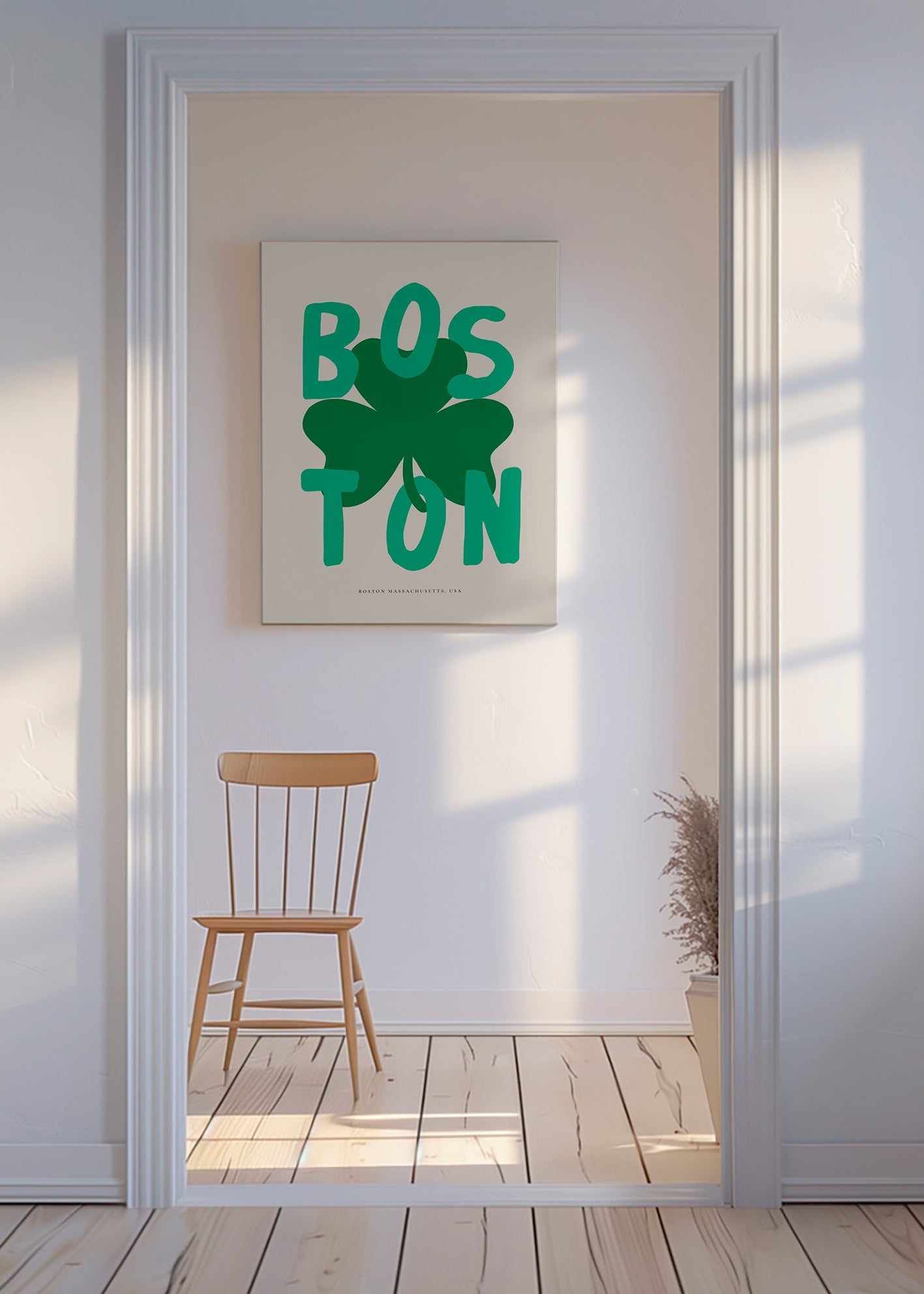 Reisposter Boston met klavergrafiek
