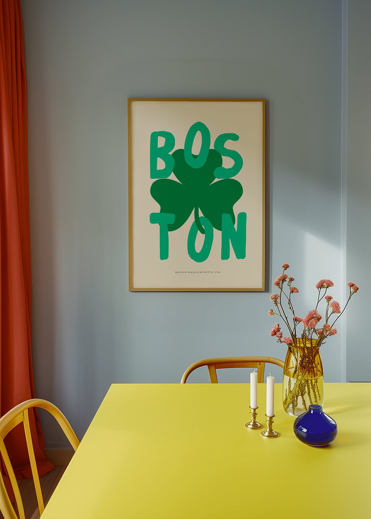 Reisposter Boston met klavergrafiek