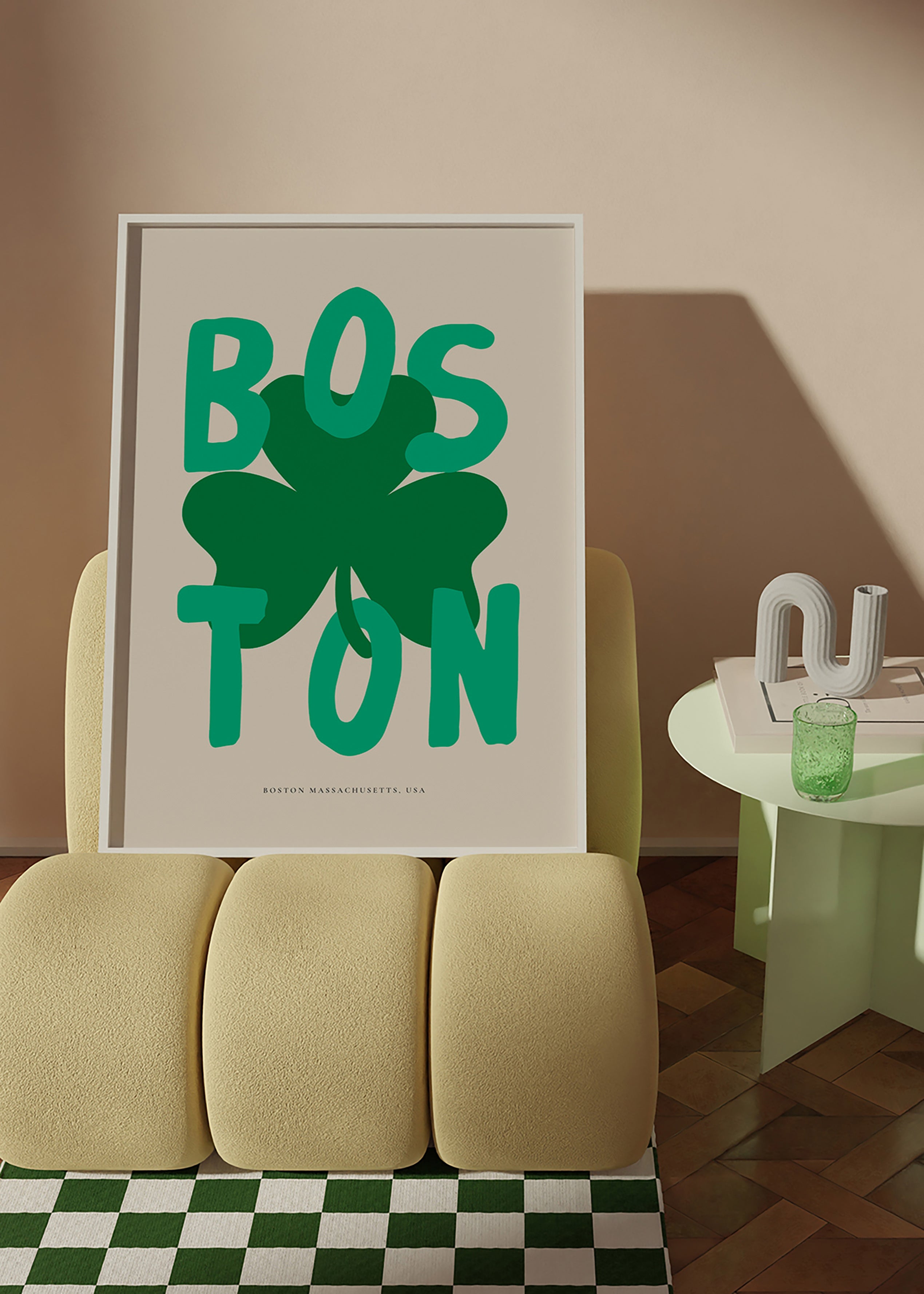 Reisposter Boston met klavergrafiek