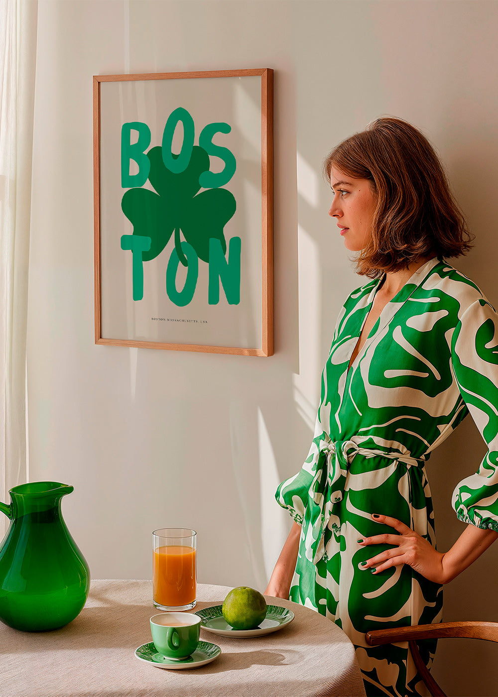 Reisposter Boston met klavergrafiek