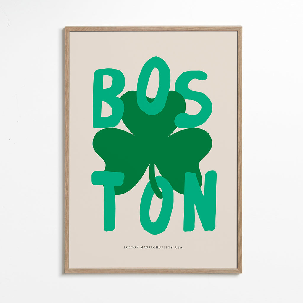 Reisposter Boston met klavergrafiek