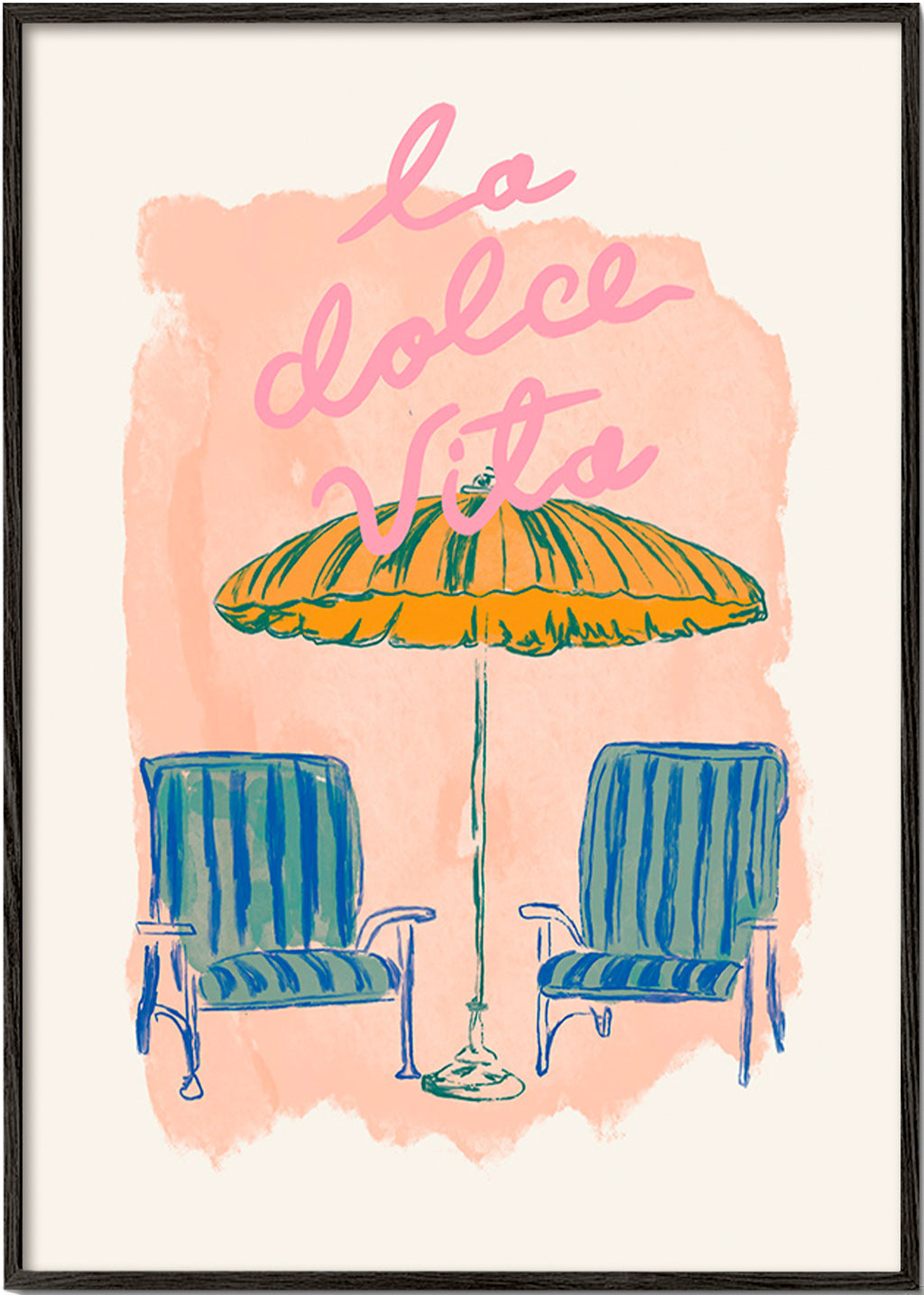 Illustratie La Dolce Vita parasol en stoelen