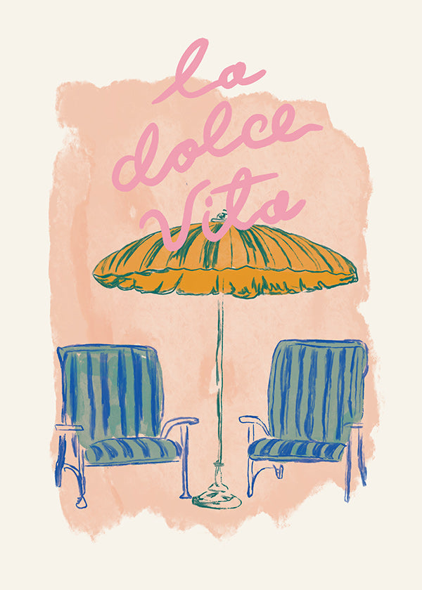 Illustratie La Dolce Vita parasol en stoelen