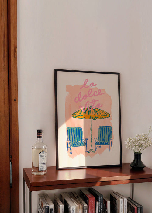 Illustratie La Dolce Vita parasol en stoelen