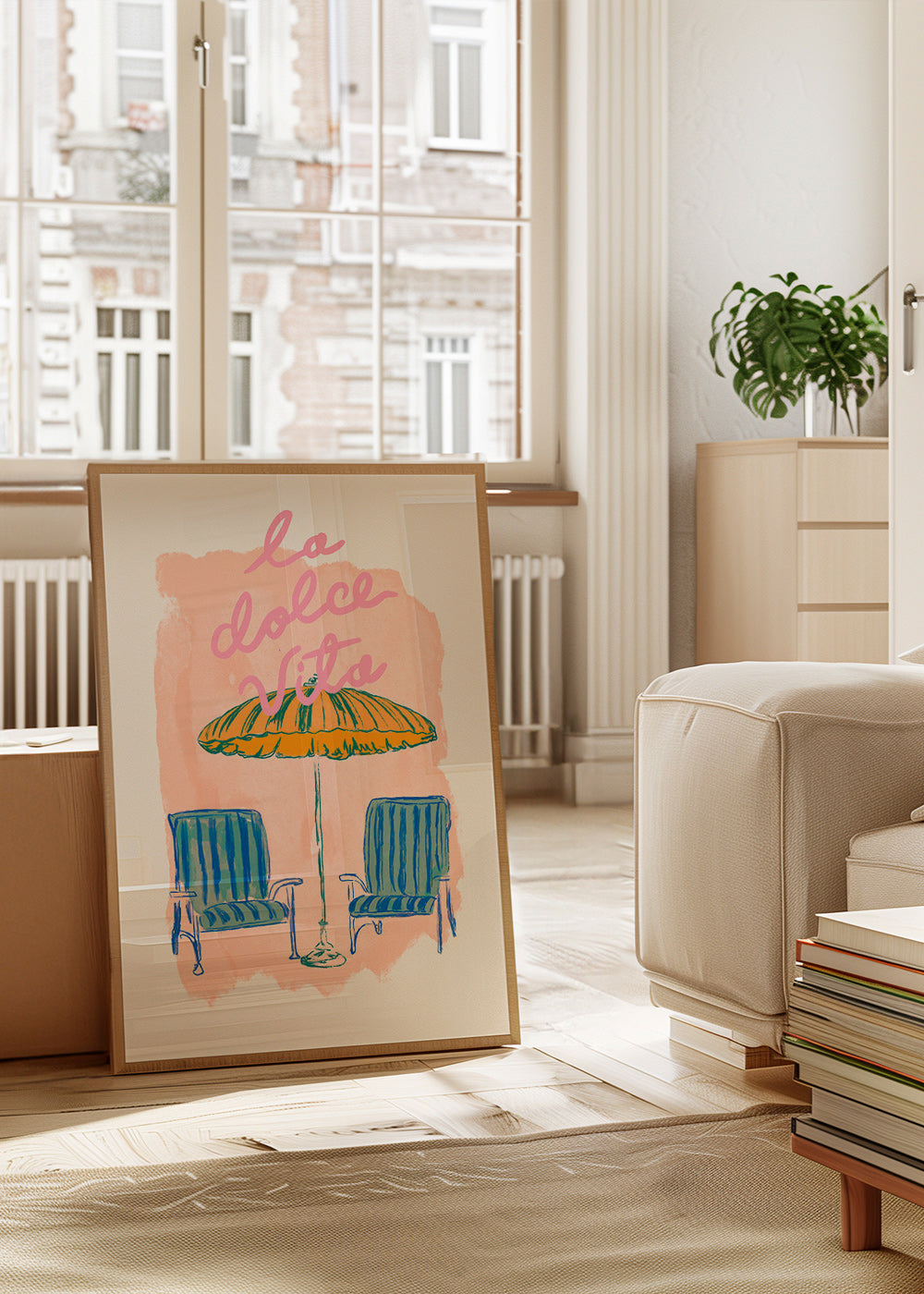 Illustratie La Dolce Vita parasol en stoelen