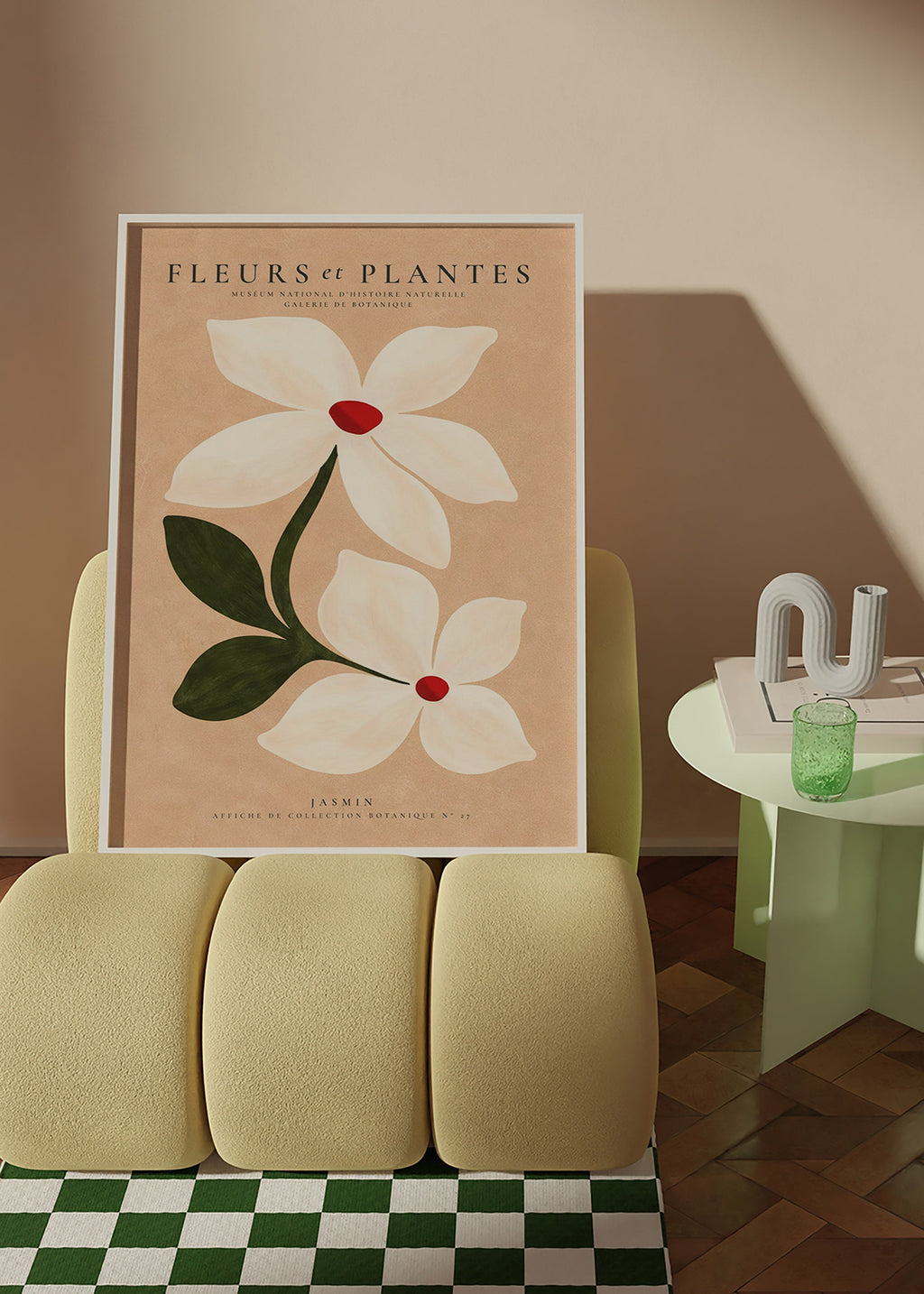 Botanische print jasmijn op beige achtergrond