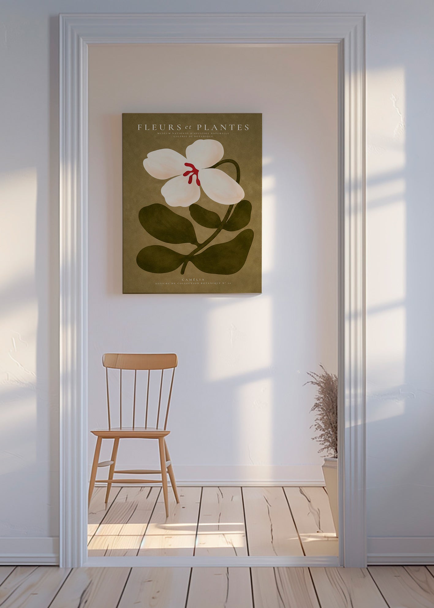 Botanische poster: witte kamelia op olijfgroene achtergrond