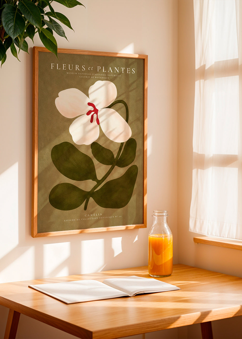 Botanische poster: witte kamelia op olijfgroene achtergrond