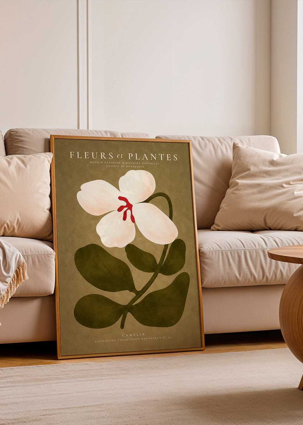 Botanische poster: witte kamelia op olijfgroene achtergrond
