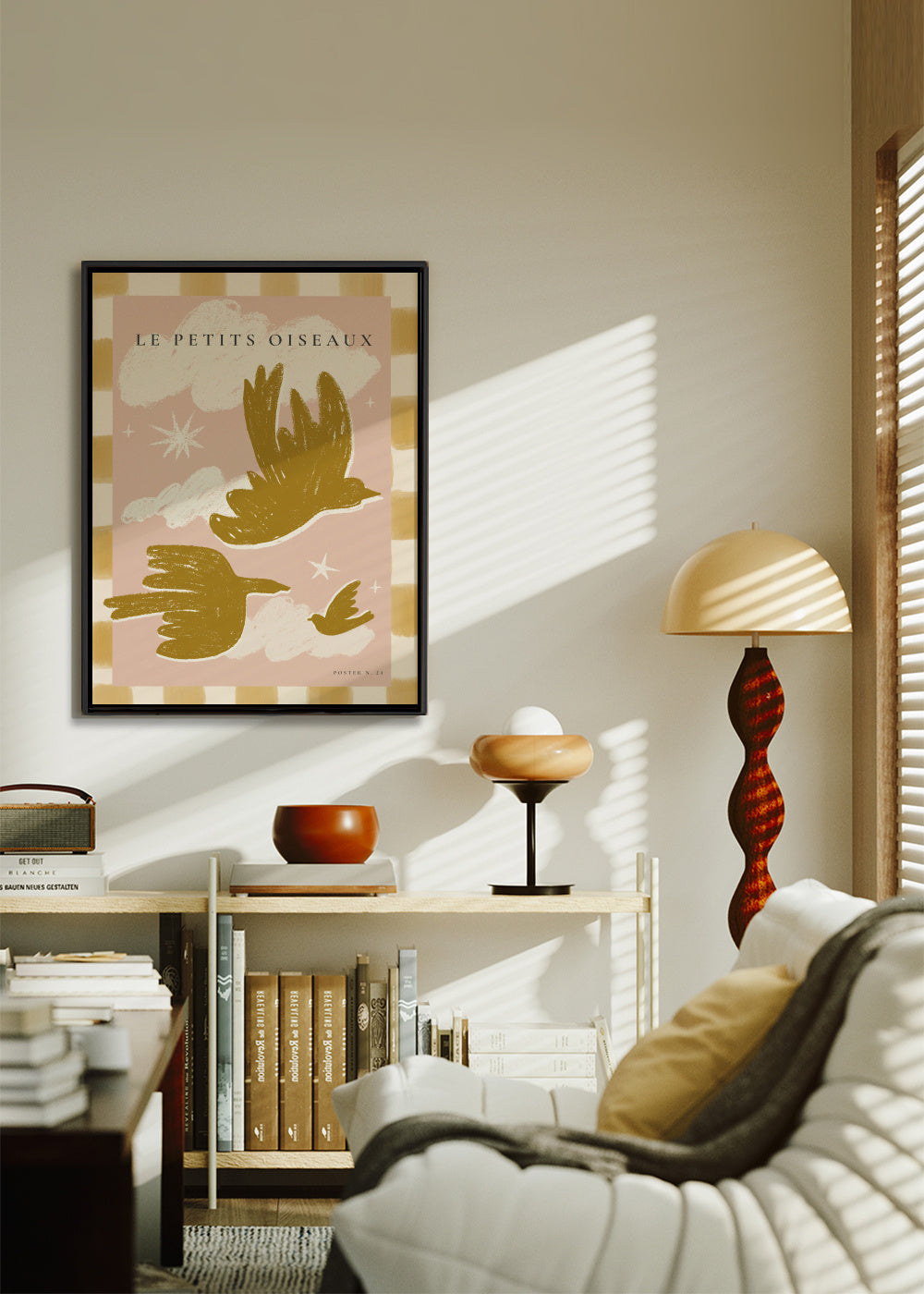 Le Petits Oiseaux - Framed canvas in an interior