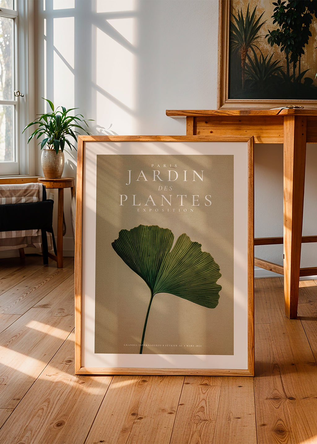 Botanische print met ginkgo blad en klassieke typografie