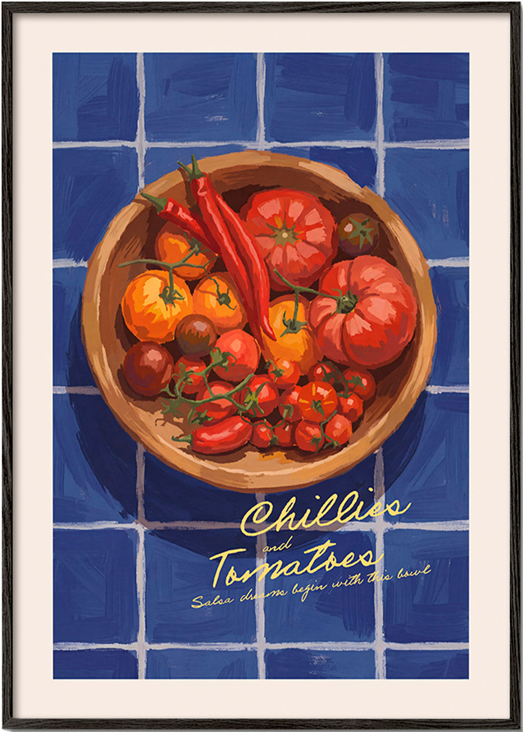 Keuken kunst met chilies en tomaten illustratie