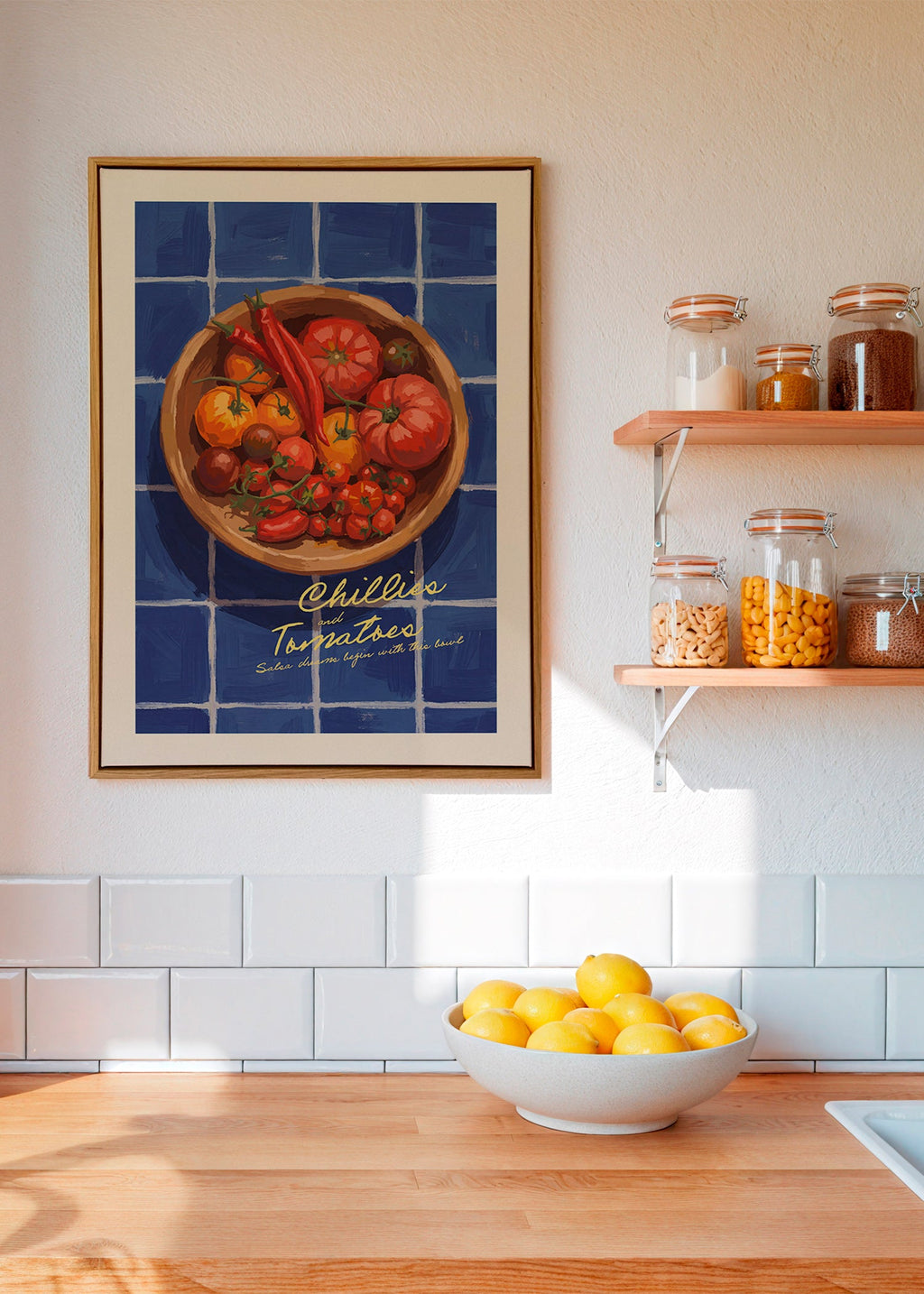 Keuken kunst met chilies en tomaten illustratie