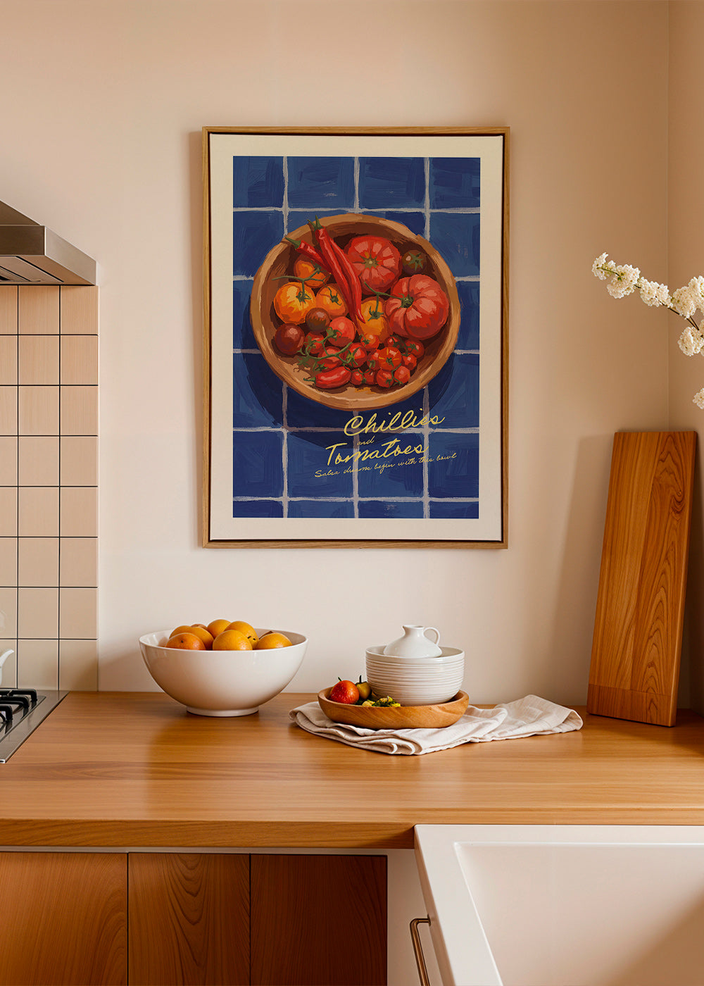 Keuken kunst met chilies en tomaten illustratie