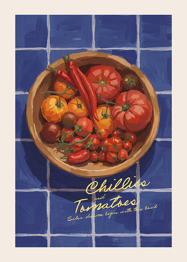 Keuken kunst met chilies en tomaten illustratie