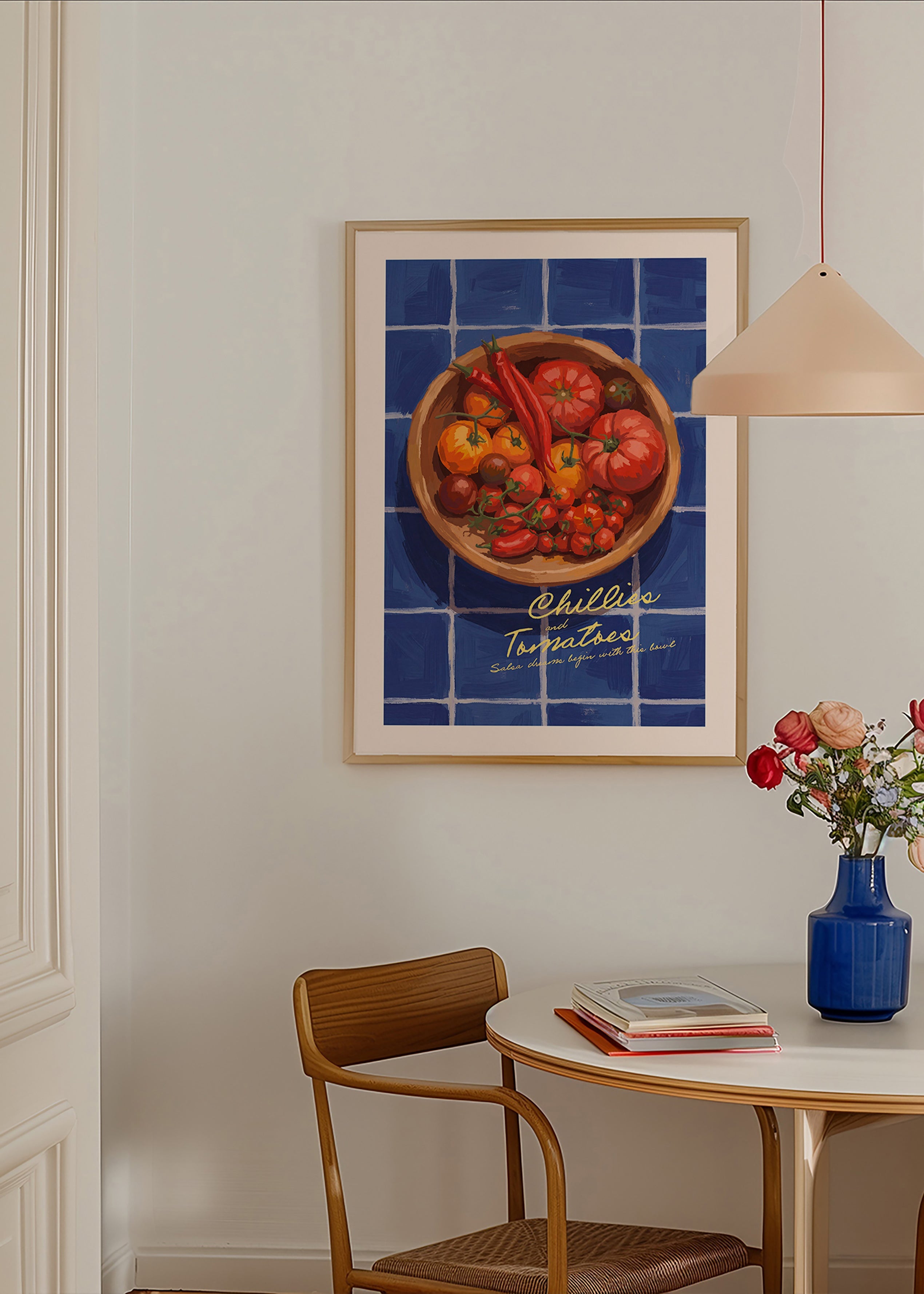 Keuken kunst met chilies en tomaten illustratie