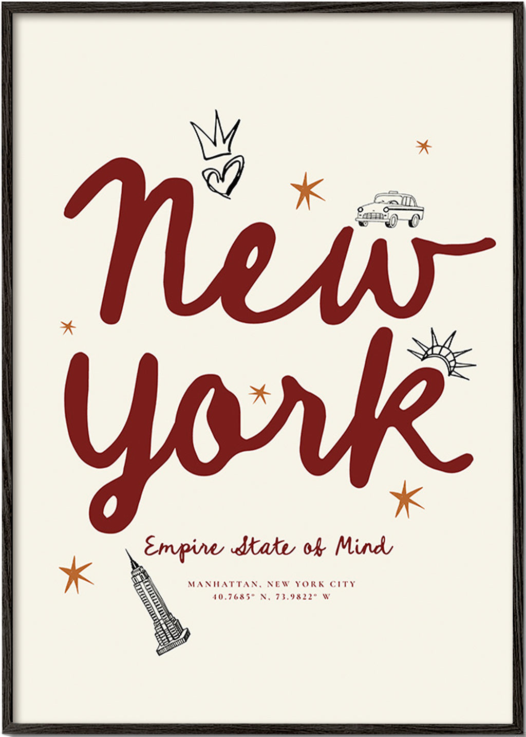 Reisposter New York met bordeaux handlettering