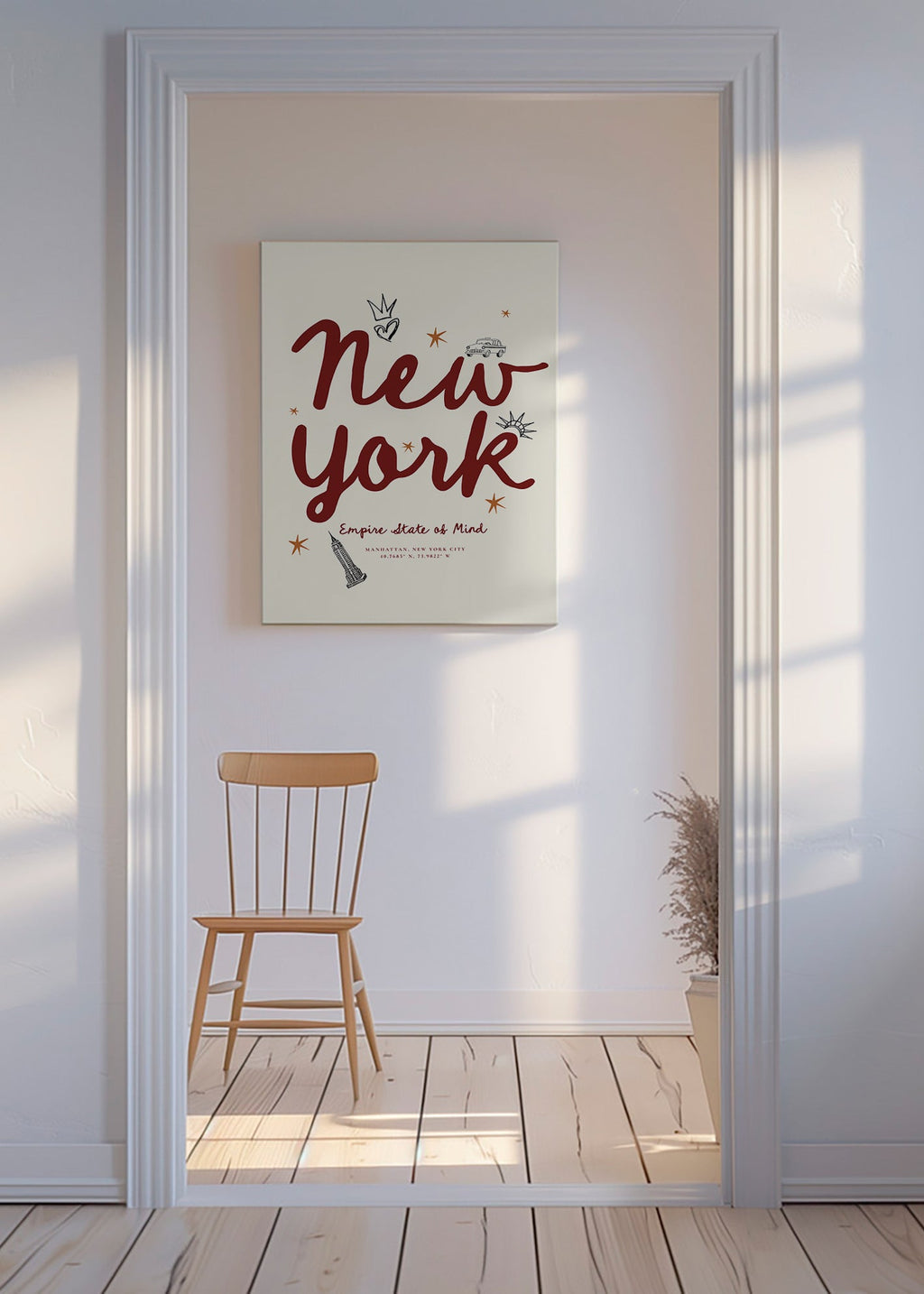 Reisposter New York met bordeaux handlettering