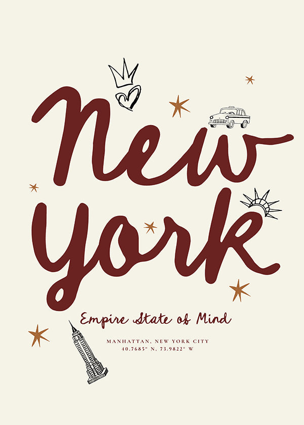 Reisposter New York met bordeaux handlettering