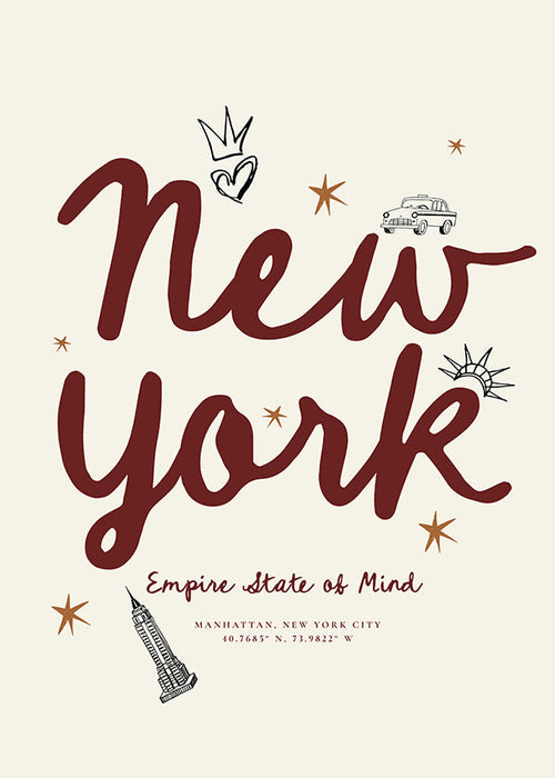 Reisposter New York met bordeaux handlettering
