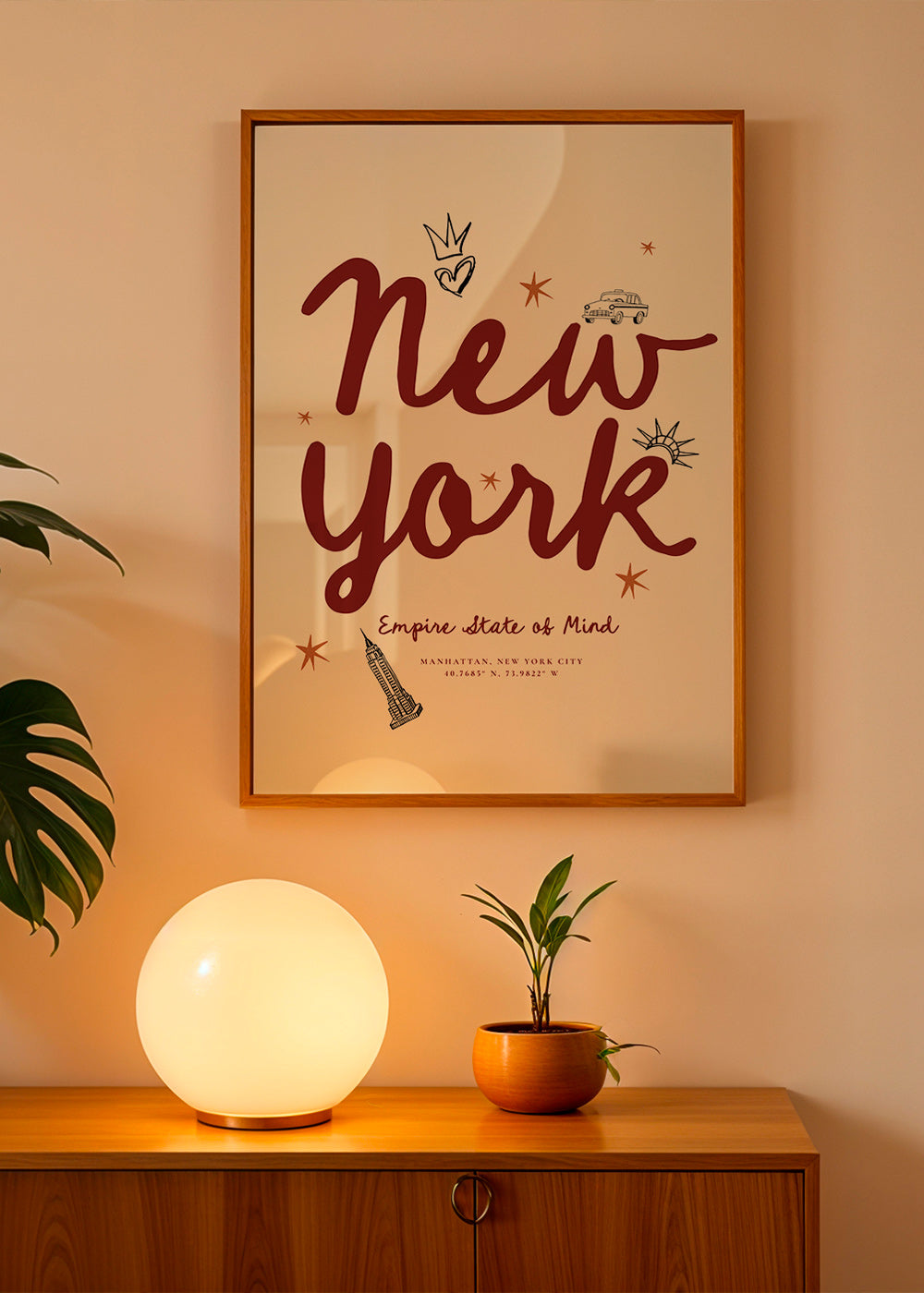 Reisposter New York met bordeaux handlettering